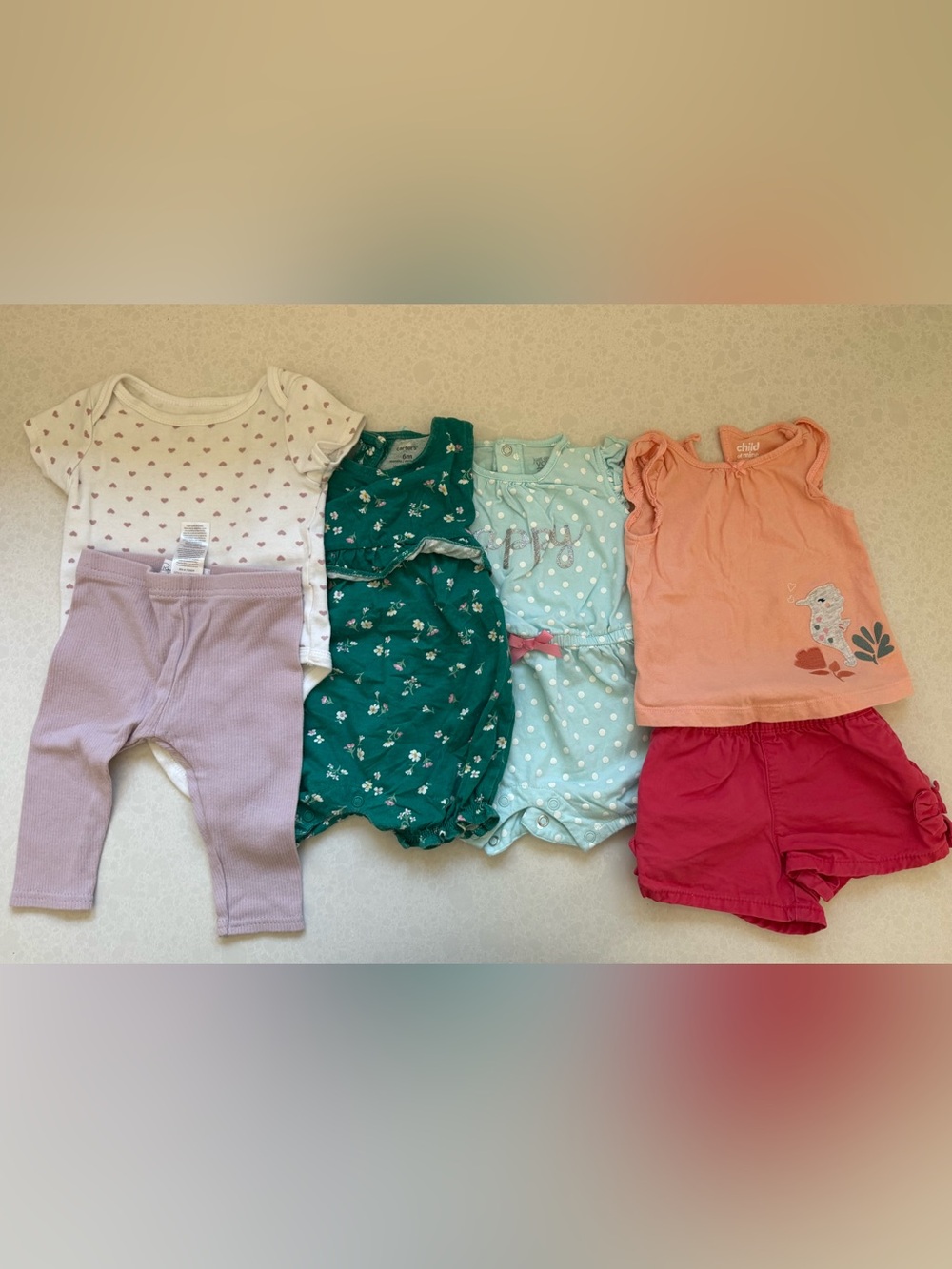 6 month Baby Girl Mixed Onesie Bundle - Teal Floral & Polka Dot
